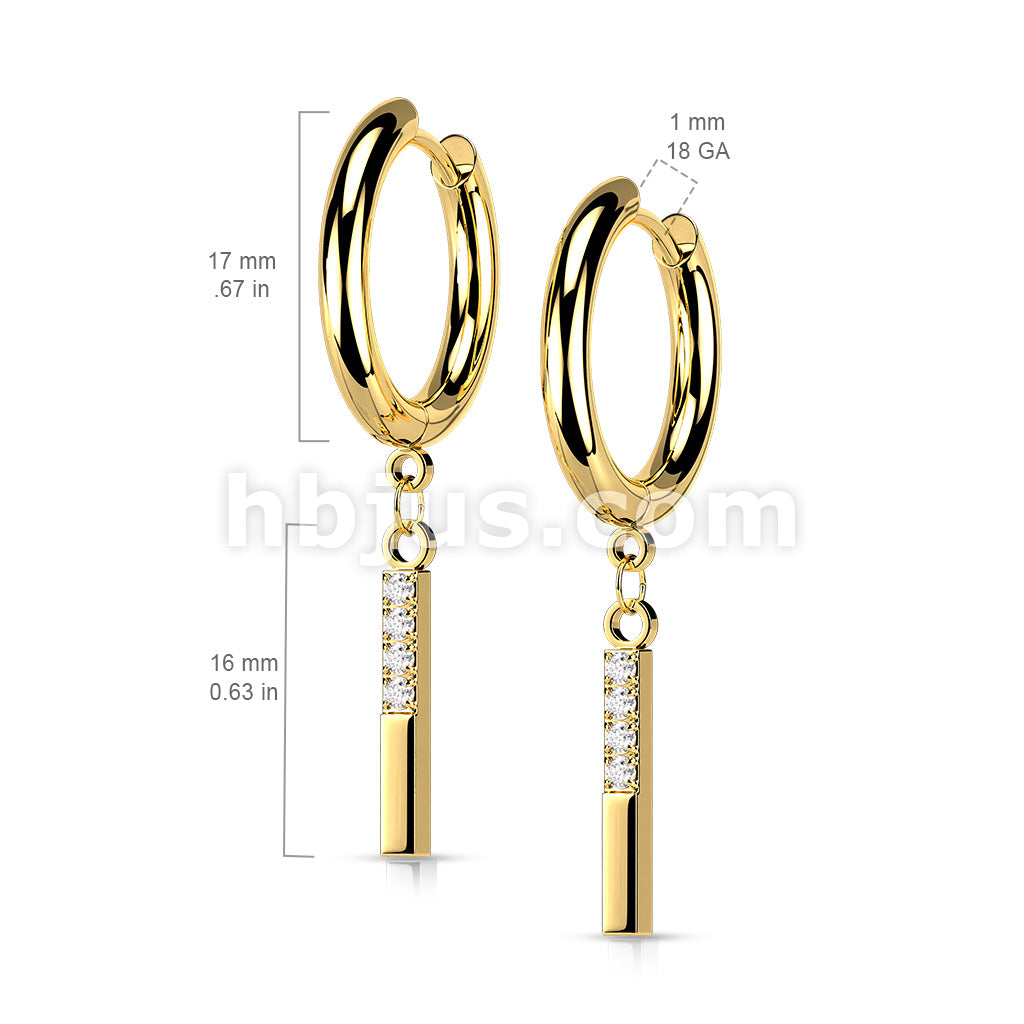 Pair of 316L Surgical Steel Hoop Earrings with CZ Paved Rectangle Dangle - Image 7