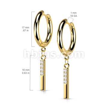 Pair of 316L Surgical Steel Hoop Earrings with CZ Paved Rectangle Dangle - Image 7