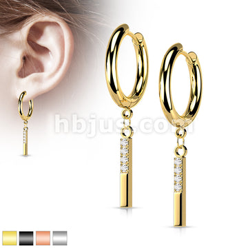 Pair of 316L Surgical Steel Hoop Earrings with CZ Paved Rectangle Dangle - Image 2
