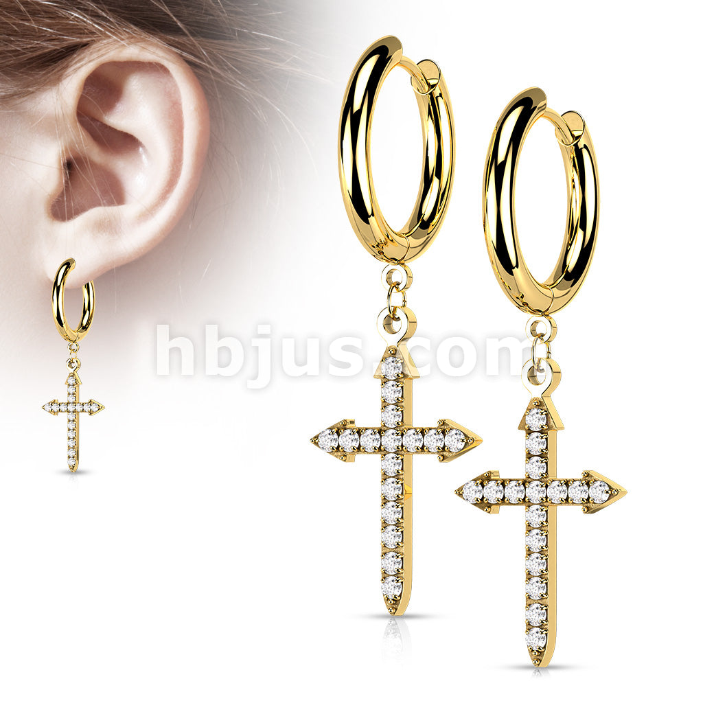 Pair of 316L Surgical Steel Hoop Earrings with CZ Paved Celtic Cross Dangle - Image 4