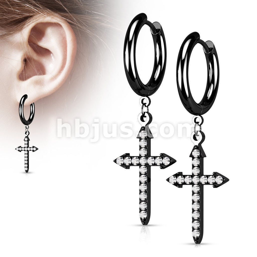 Pair of 316L Surgical Steel Hoop Earrings with CZ Paved Celtic Cross Dangle - Image 5