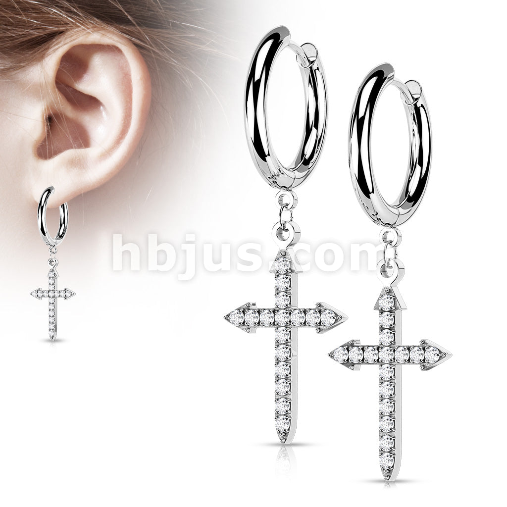 Pair of 316L Surgical Steel Hoop Earrings with CZ Paved Celtic Cross Dangle - Image 3