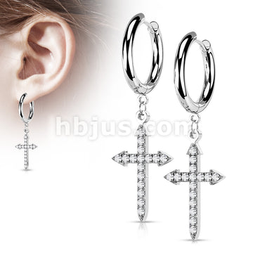 Pair of 316L Surgical Steel Hoop Earrings with CZ Paved Celtic Cross Dangle - Image 3