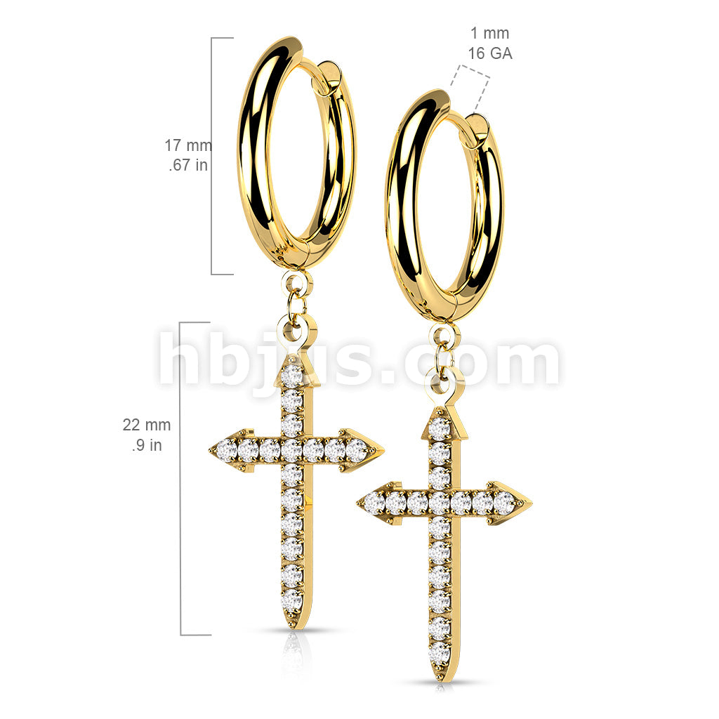 Pair of 316L Surgical Steel Hoop Earrings with CZ Paved Celtic Cross Dangle - Image 6