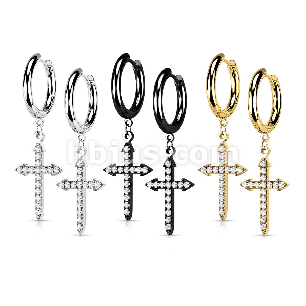 Pair of 316L Surgical Steel Hoop Earrings with CZ Paved Celtic Cross Dangle - Image 7