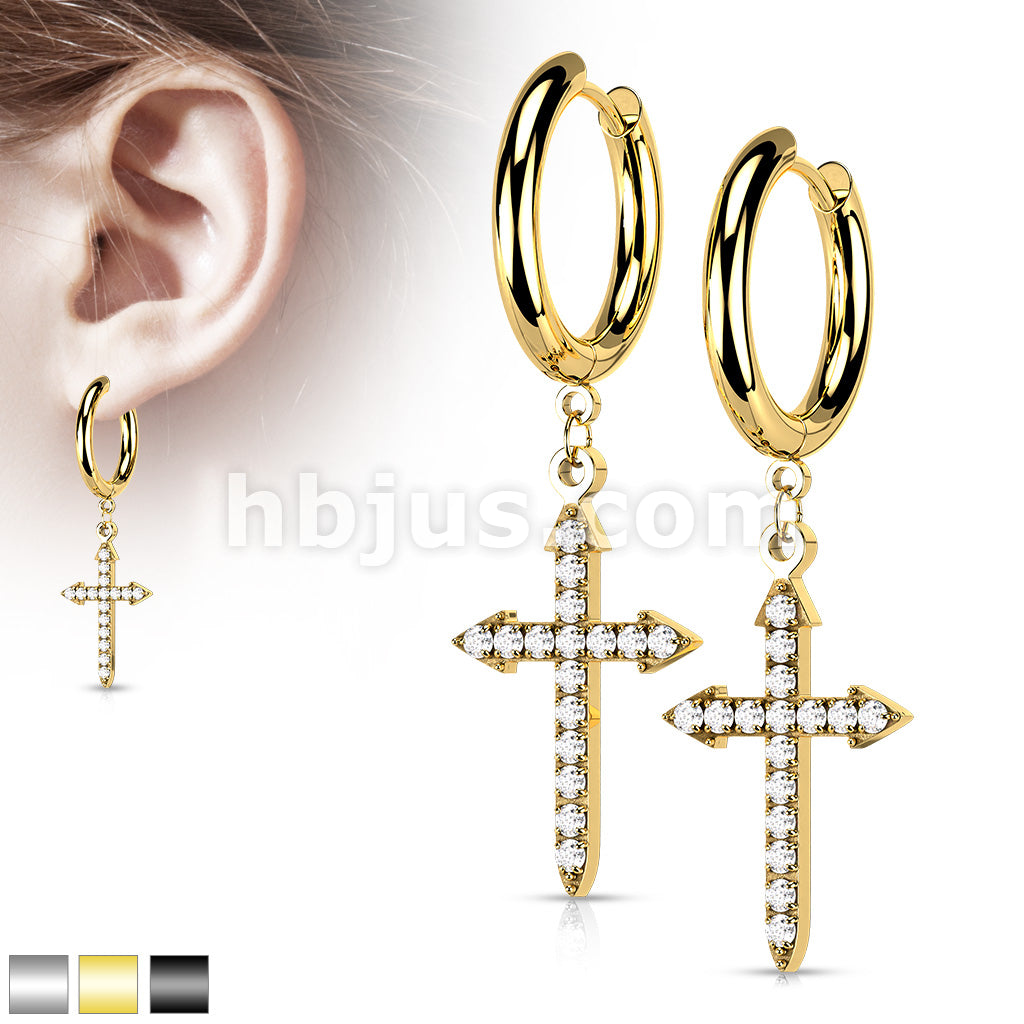 Pair of 316L Surgical Steel Hoop Earrings with CZ Paved Celtic Cross Dangle - Image 2