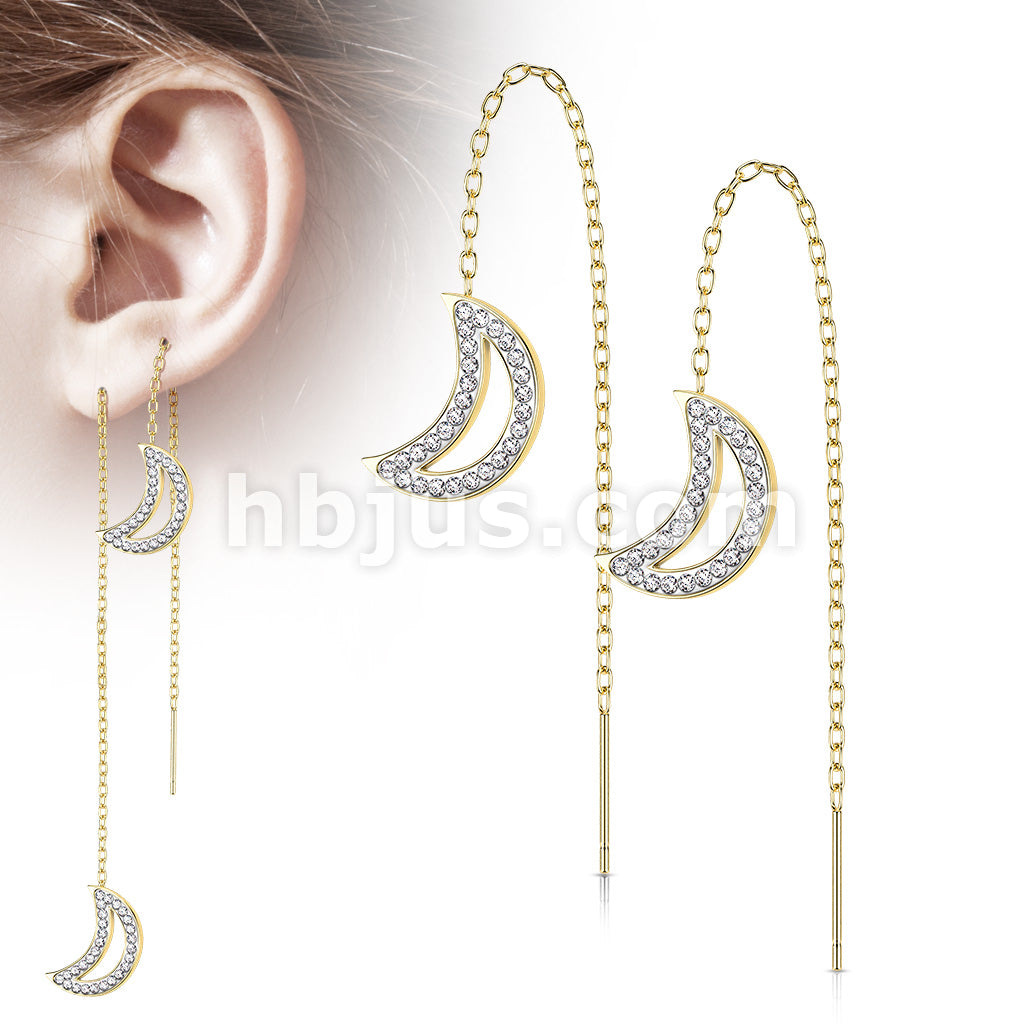 Pair of 316L Surgical Steel Free Falling Threader Earrings With Crystal Paved on a Crescent Moon - Image 3