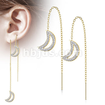 Pair of 316L Surgical Steel Free Falling Threader Earrings With Crystal Paved on a Crescent Moon - Image 3
