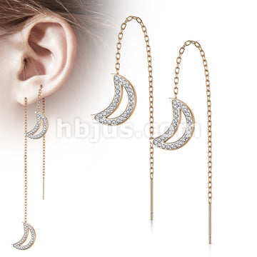 Pair of 316L Surgical Steel Free Falling Threader Earrings With Crystal Paved on a Crescent Moon - Image 4