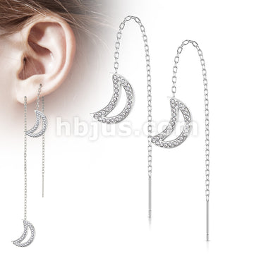 Pair of 316L Surgical Steel Free Falling Threader Earrings With Crystal Paved on a Crescent Moon - Image 5