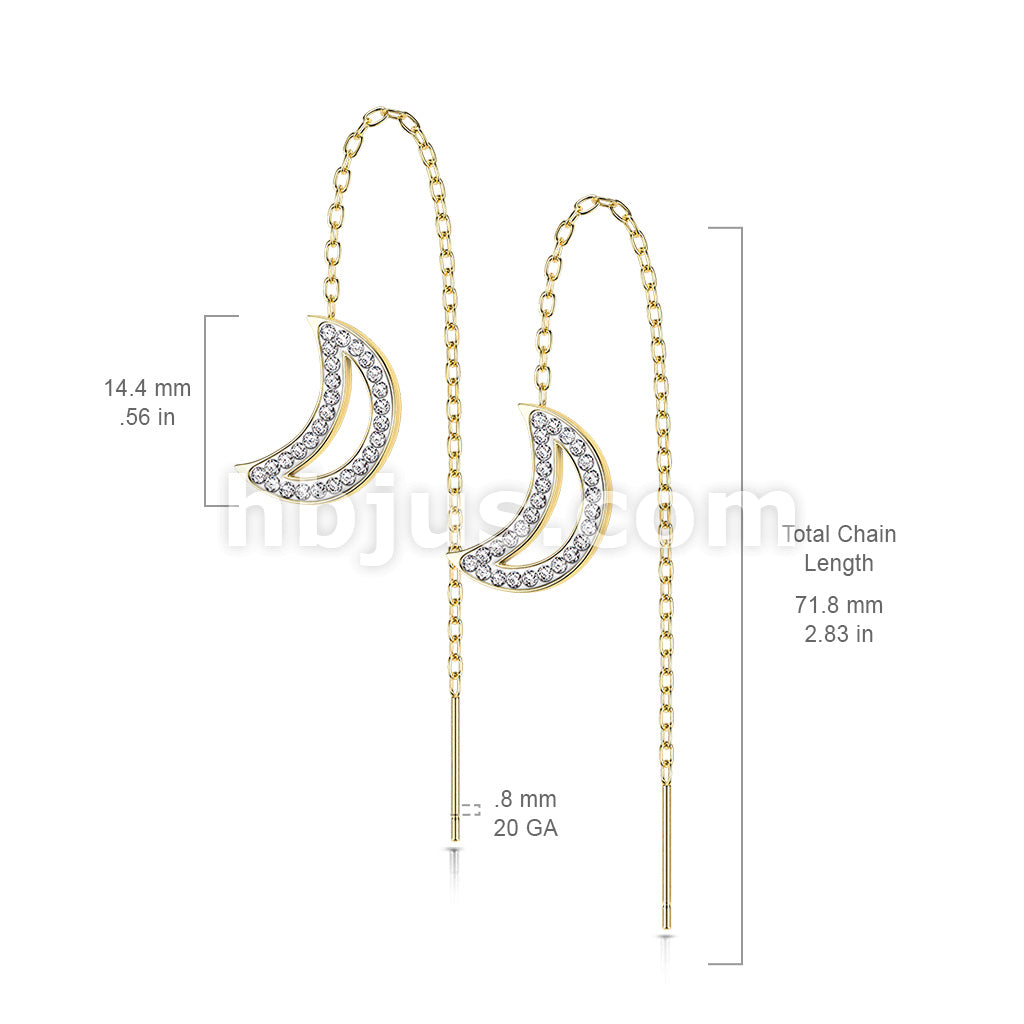 Pair of 316L Surgical Steel Free Falling Threader Earrings With Crystal Paved on a Crescent Moon - Image 6