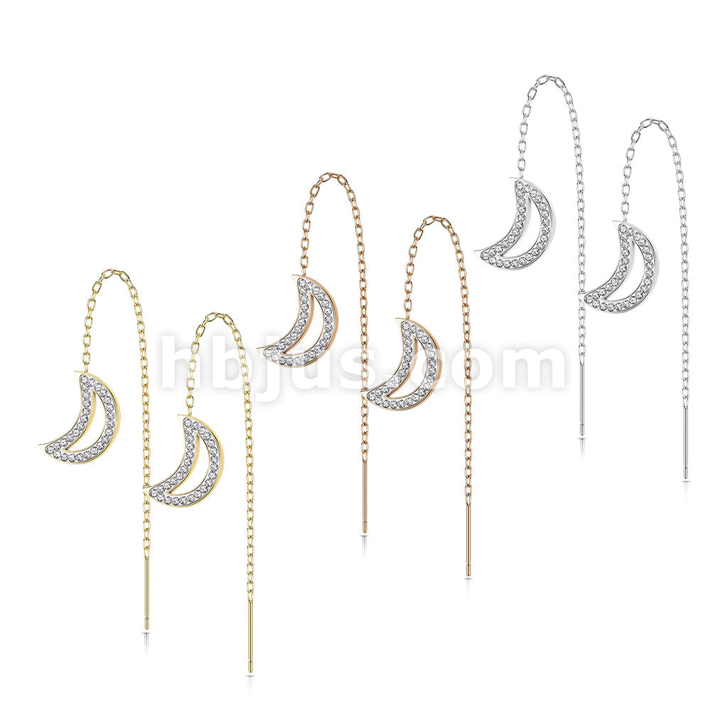 Pair of 316L Surgical Steel Free Falling Threader Earrings With Crystal Paved on a Crescent Moon - Image 7