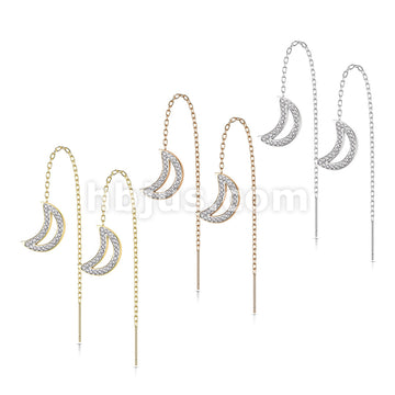 Pair of 316L Surgical Steel Free Falling Threader Earrings With Crystal Paved on a Crescent Moon - Image 7