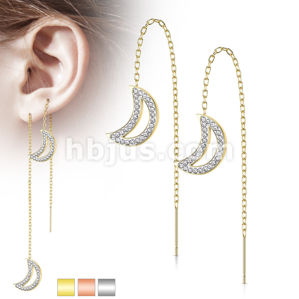 Pair of 316L Surgical Steel Free Falling Threader Earrings With Crystal Paved on a Crescent Moon - Image 2