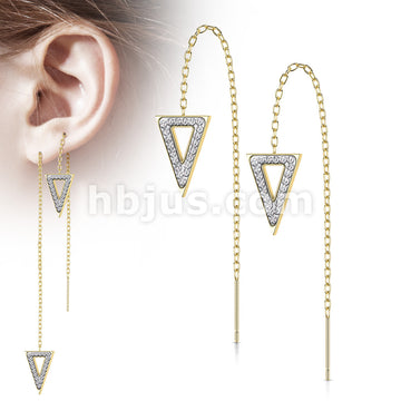 Pair of 316L Surgical Steel Free Falling Threader Earrings With Crystal Paved on a Triangle  - Image 3