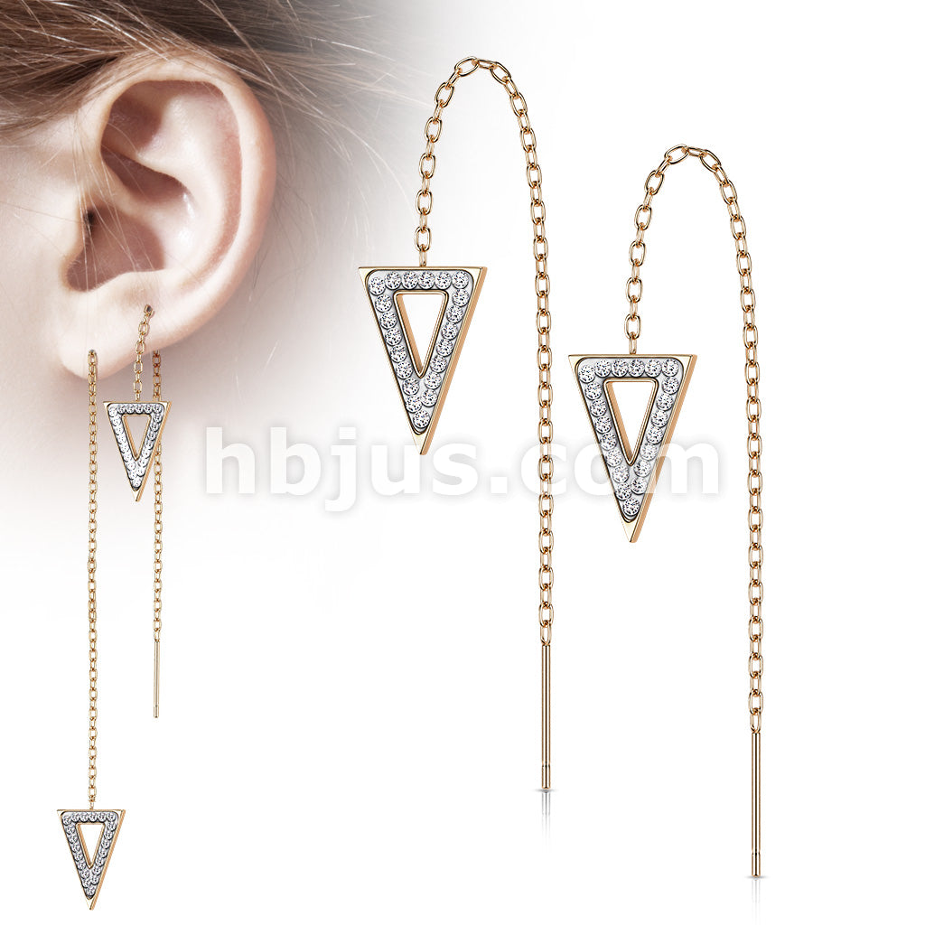 Pair of 316L Surgical Steel Free Falling Threader Earrings With Crystal Paved on a Triangle  - Image 4