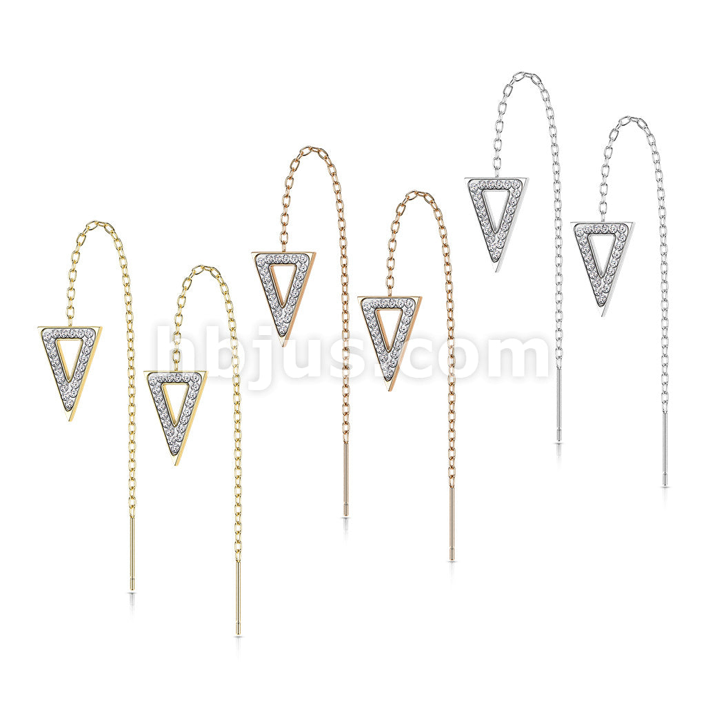 Pair of 316L Surgical Steel Free Falling Threader Earrings With Crystal Paved on a Triangle  - Image 7