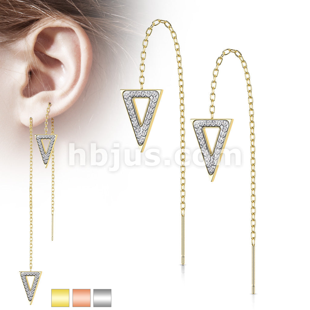 Pair of 316L Surgical Steel Free Falling Threader Earrings With Crystal Paved on a Triangle  - Image 2