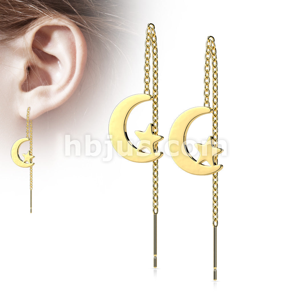 Pair of 316L Surgical Steel Free Falling Threader Earrings With Moon and Star  - Image 2
