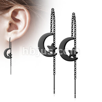Pair of 316L Surgical Steel Free Falling Threader Earrings With Moon and Star  - Image 3