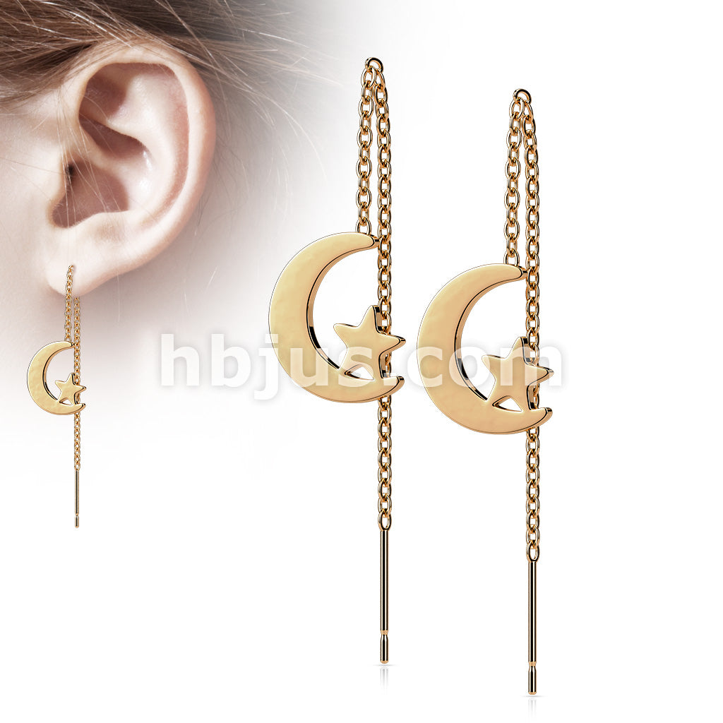 Pair of 316L Surgical Steel Free Falling Threader Earrings With Moon and Star  - Image 4