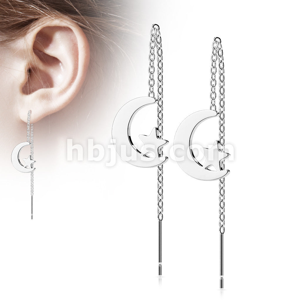 Pair of 316L Surgical Steel Free Falling Threader Earrings With Moon and Star  - Image 5