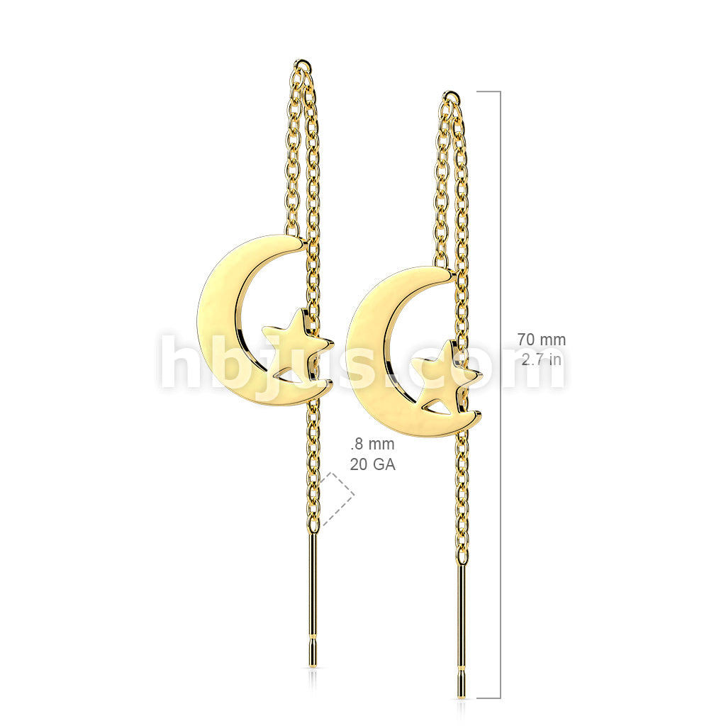 Pair of 316L Surgical Steel Free Falling Threader Earrings With Moon and Star  - Image 6