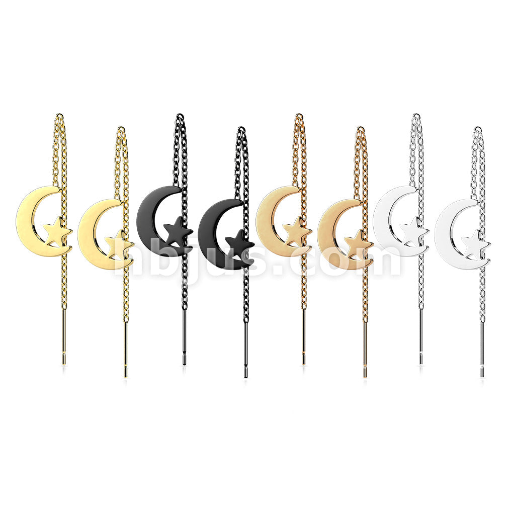 Pair of 316L Surgical Steel Free Falling Threader Earrings With Moon and Star  - Image 7