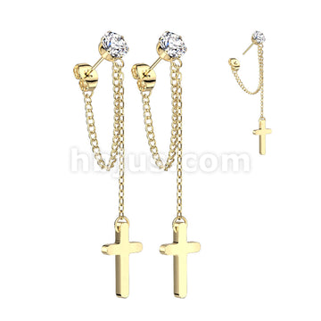 Pair of 316L Surgical Steel CZ Stud Earrings With Chain Link and Cross... - Image 2
