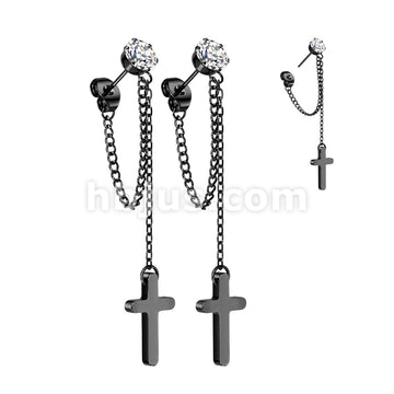 Pair of 316L Surgical Steel CZ Stud Earrings With Chain Link and Cross... - Image 3