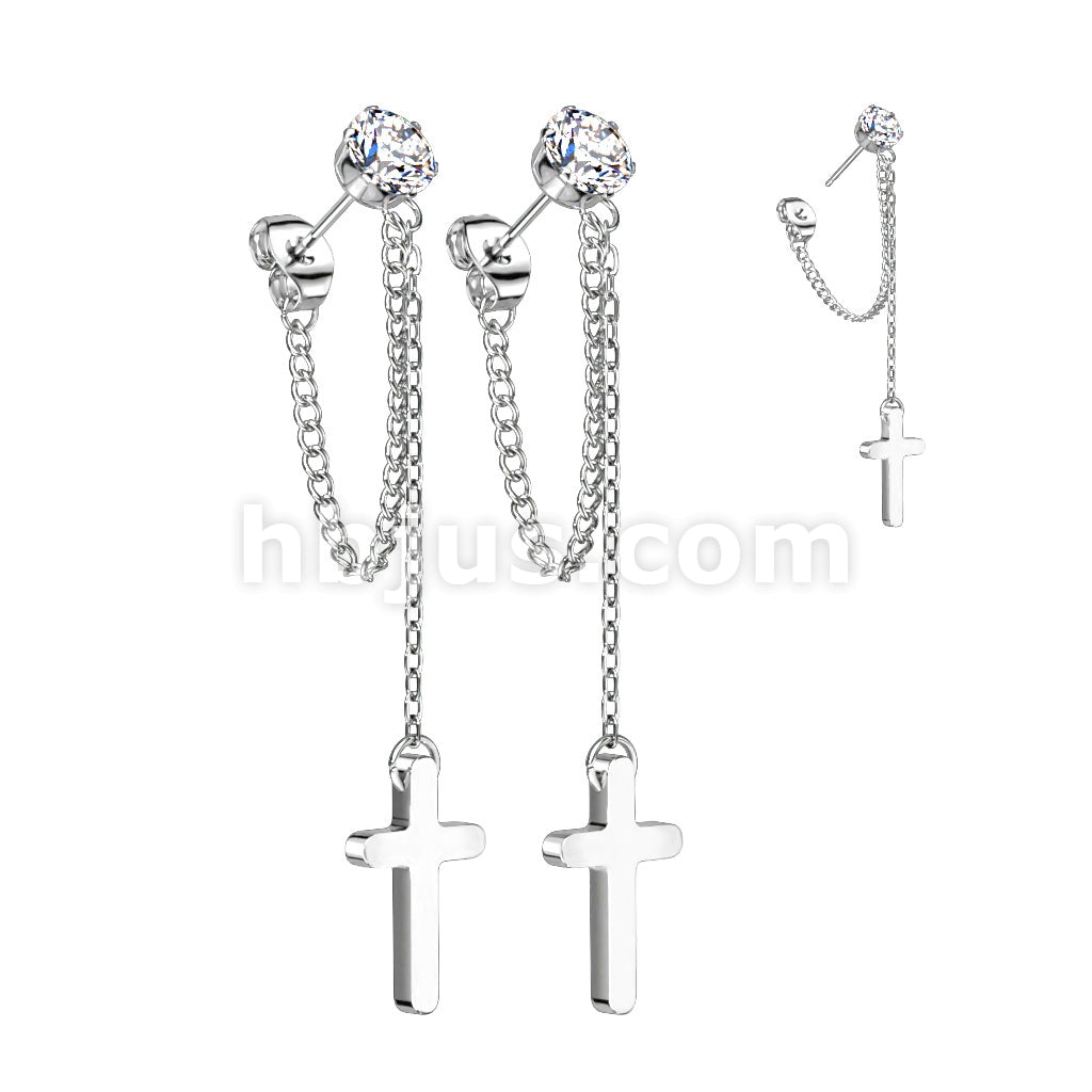 Pair of 316L Surgical Steel CZ Stud Earrings With Chain Link and Cross... - Image 4