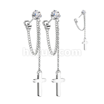 Pair of 316L Surgical Steel CZ Stud Earrings With Chain Link and Cross... - Image 4