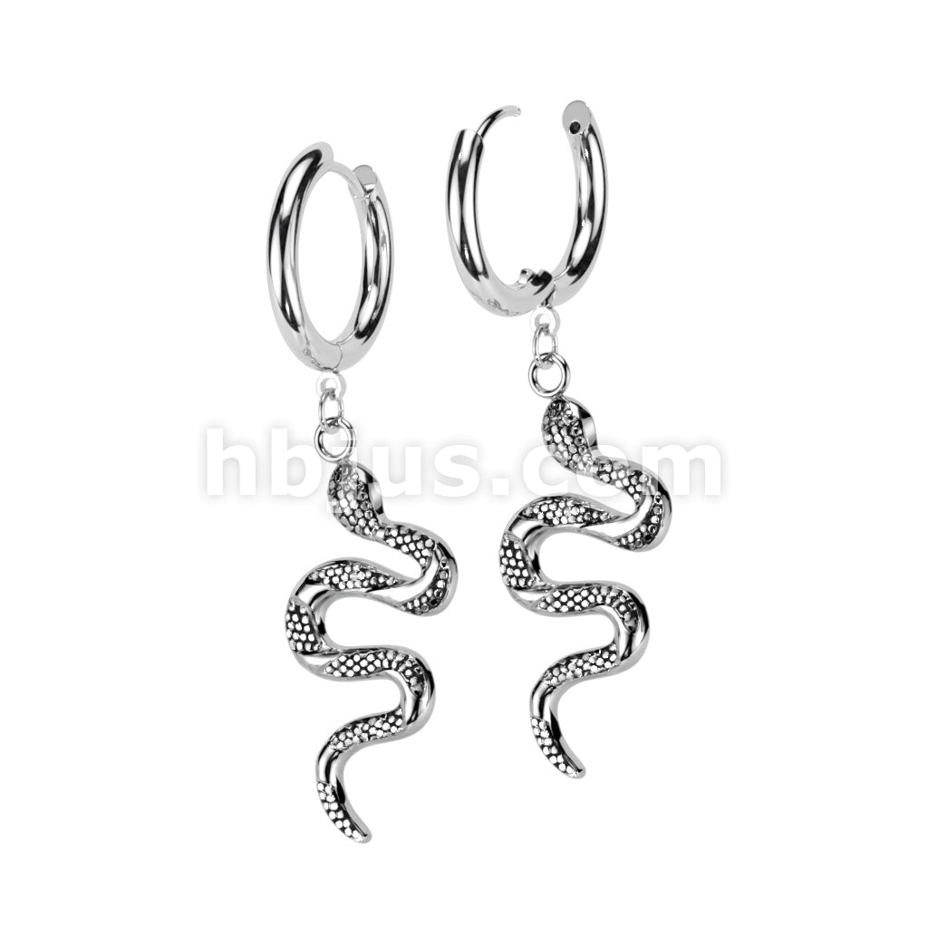 316L Surgical Steel Pair of Snake Dangle 316L Stainless Steel Hoop Earrings - Image 4