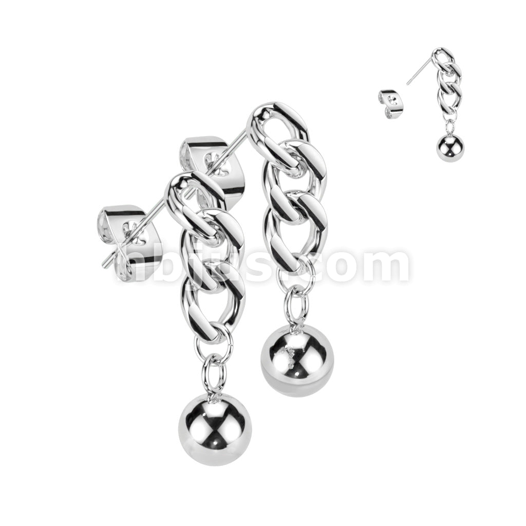 316L Surgical Steel Pair of 316L Chain Link With Ball Dangle Stud Earrings - Image 3