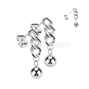 316L Surgical Steel Pair of 316L Chain Link With Ball Dangle Stud Earrings - Image 3