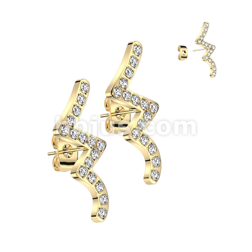 316L Surgical Steel Pair of CNC CZ Wave 316L Stainless Steel Stud Earrings - Image 2