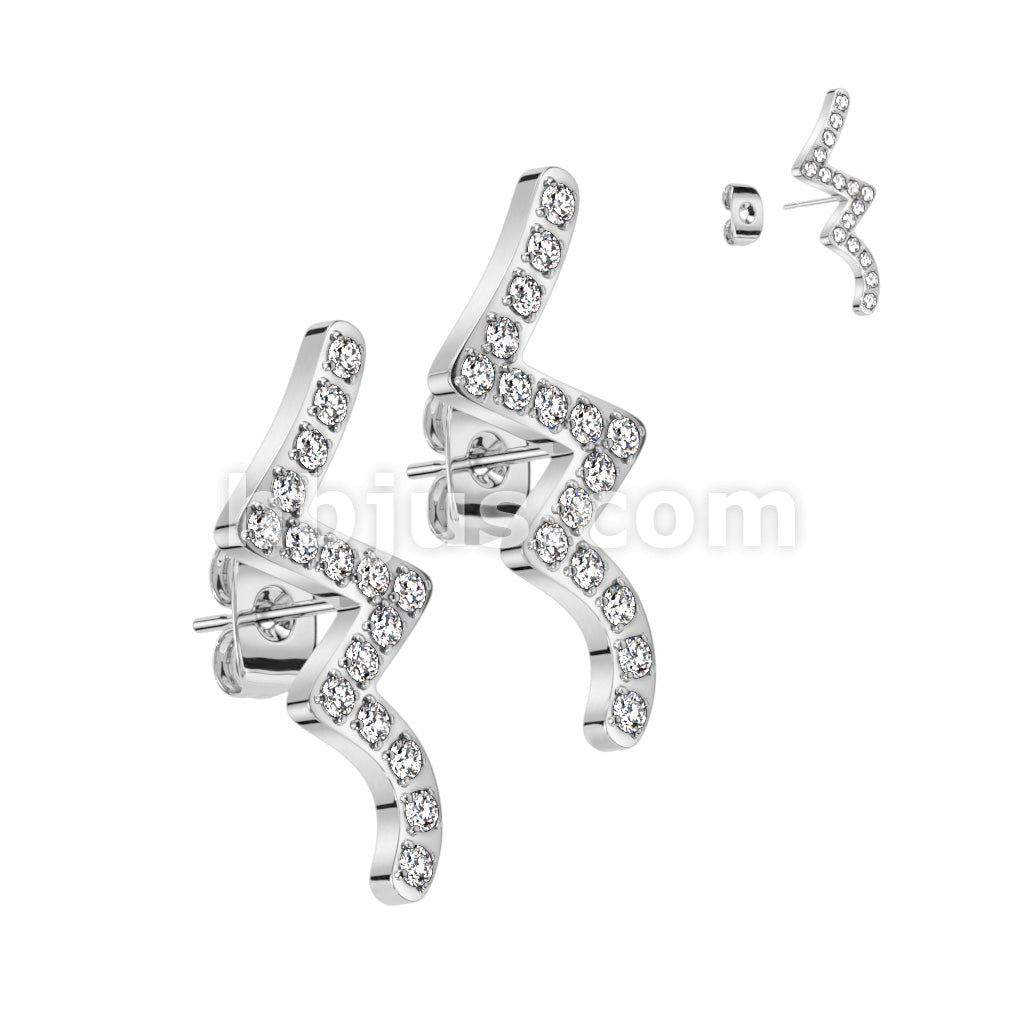 316L Surgical Steel Pair of CNC CZ Wave 316L Stainless Steel Stud Earrings - Image 3