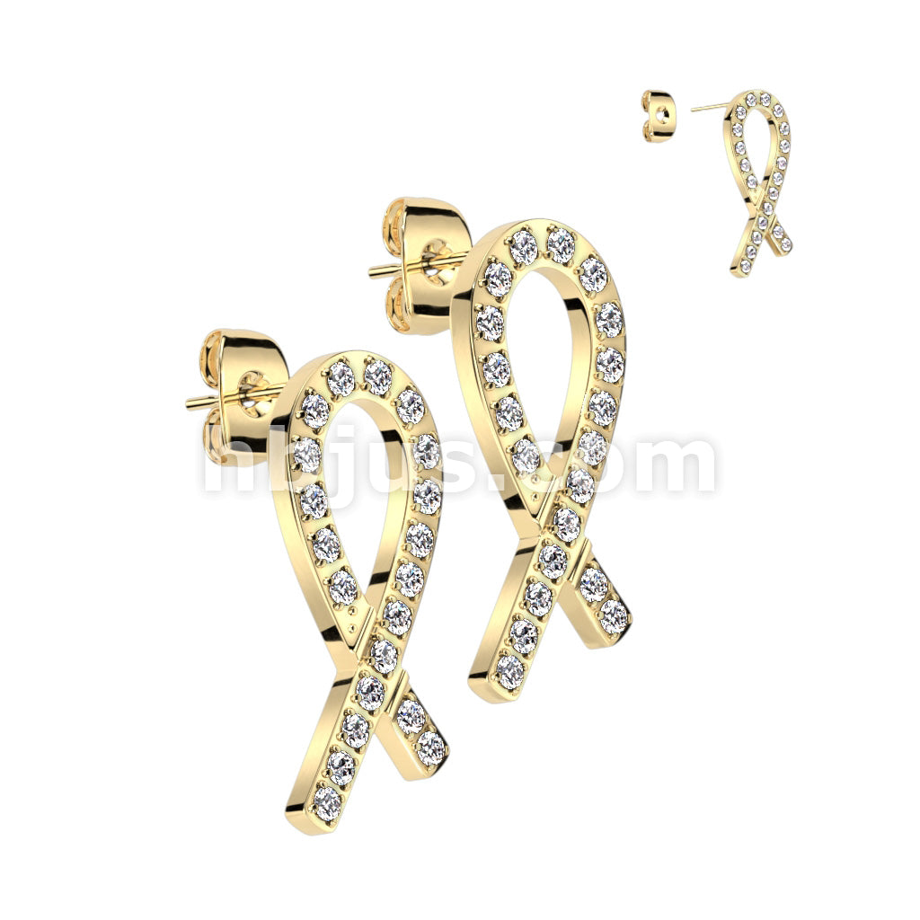 316L Surgical Steel Pair of CNC CZ Ribbon 316L Stainless Steel Stud... - Image 2