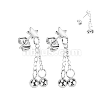 316L Surgical Steel Pair of Hand Polished Star With 2 Chain Drop Ball... - Image 2