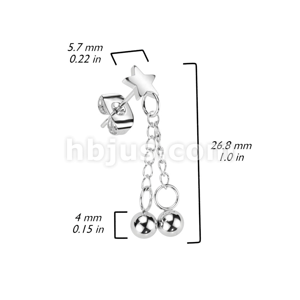 316L Surgical Steel Pair of Hand Polished Star With 2 Chain Drop Ball... - Image 3