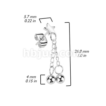 316L Surgical Steel Pair of Hand Polished Star With 2 Chain Drop Ball... - Image 3