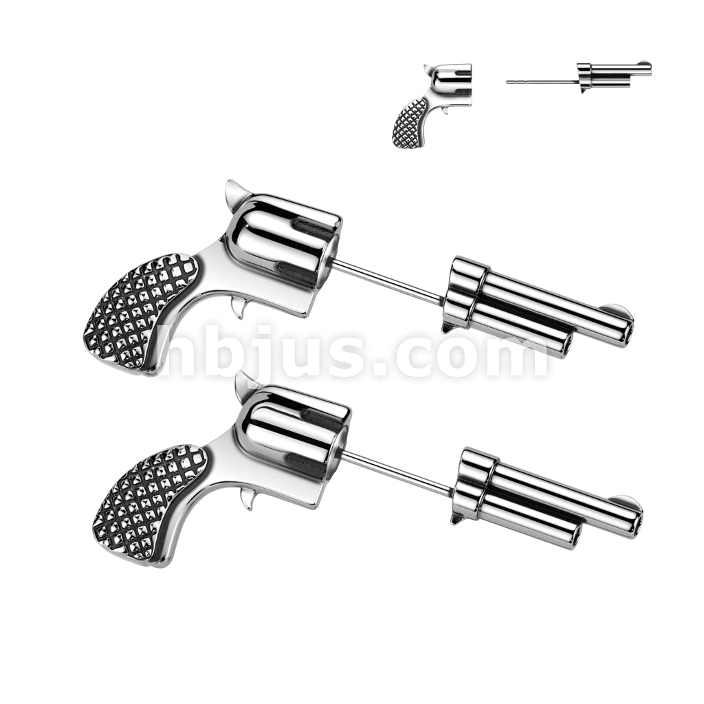 316L Surgical Steel Pair of 316L Stainless Steel Pistol Revolver Earrings - Image 2