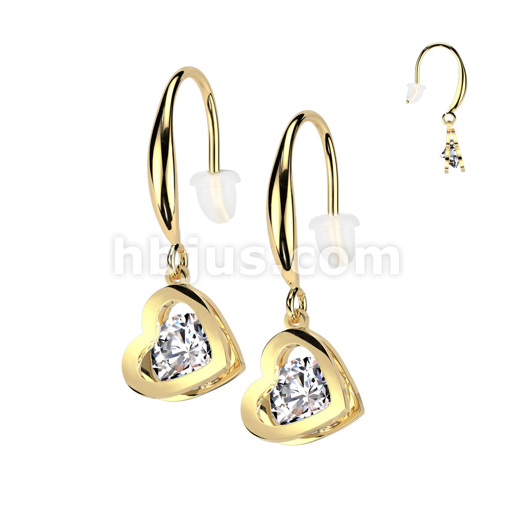316L Surgical Steel Pair of Stainless Steel Hollow Heart Dangle With... - Image 2