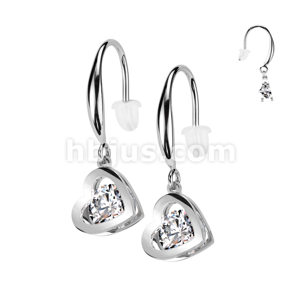 316L Surgical Steel Pair of Stainless Steel Hollow Heart Dangle With... - Image 3