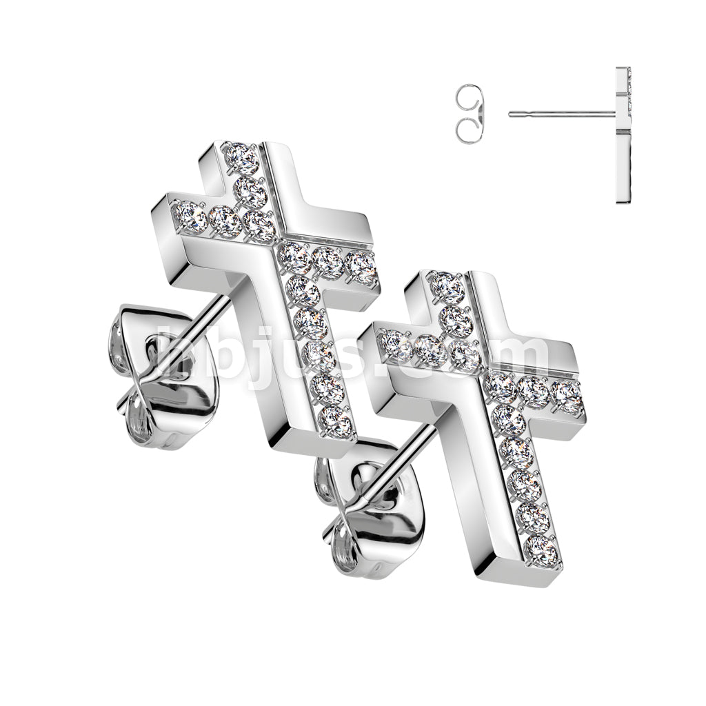 316L Surgical Steel Pair of 316L Surgical Stainless CNC CZ Cross Stud... - Image 3
