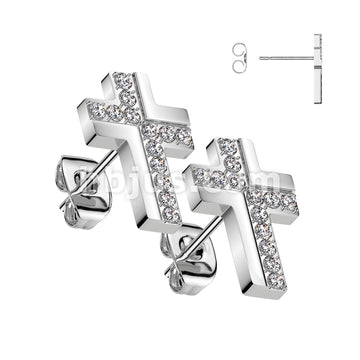 316L Surgical Steel Pair of 316L Surgical Stainless CNC CZ Cross Stud... - Image 3