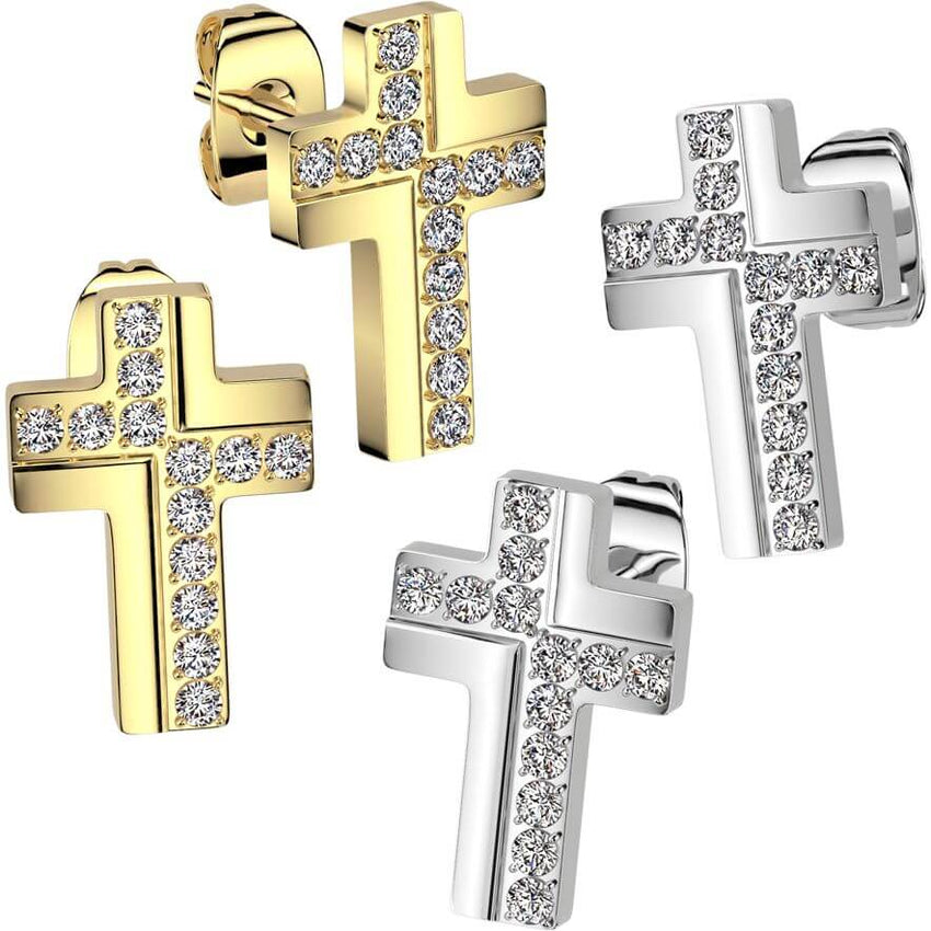 316L Surgical Steel Pair of 316L Surgical Stainless CNC CZ Cross Stud...