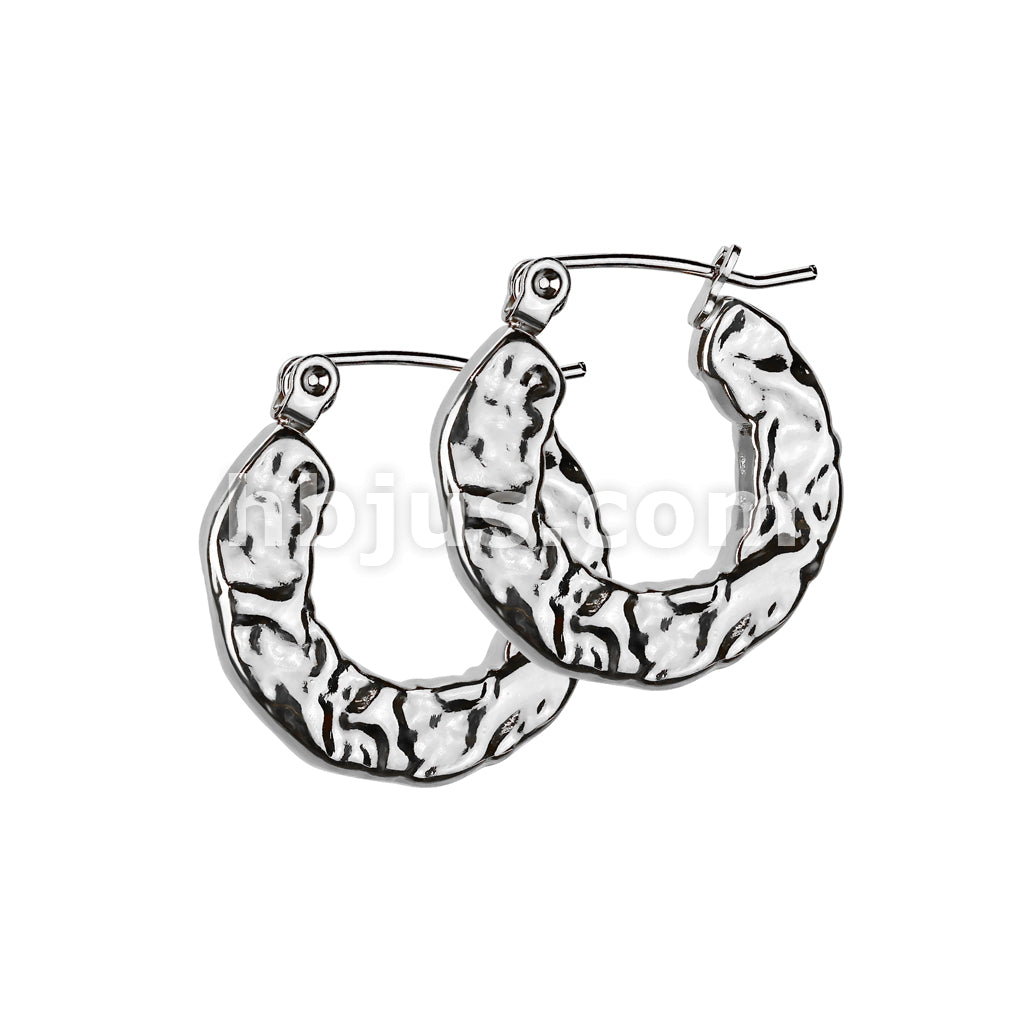 316L Surgical Steel Pair of 316L Stainless Steel Hammered Hoop Earrings - Image 3