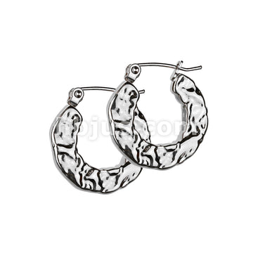 316L Surgical Steel Pair of 316L Stainless Steel Hammered Hoop Earrings - Image 3