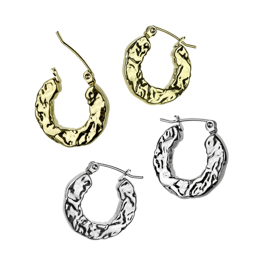 316L Surgical Steel Pair of 316L Stainless Steel Hammered Hoop Earrings
